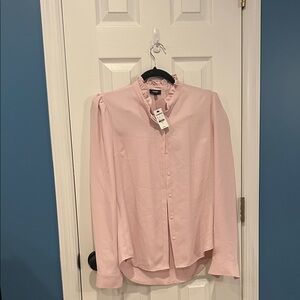 Express Pink Ruffled Button-Up Blouse with puff sleeves